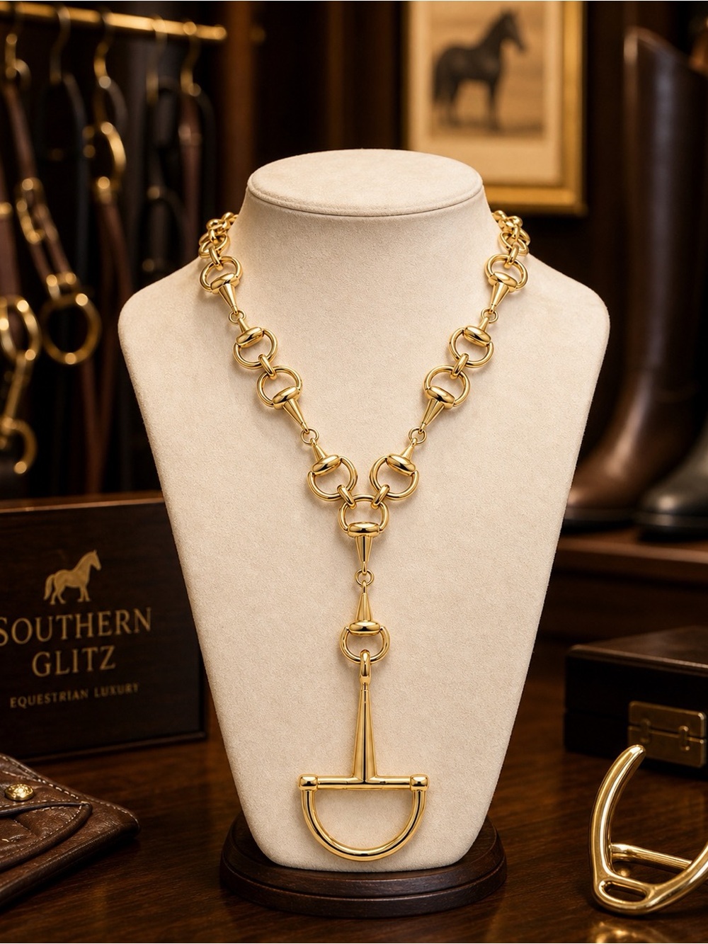 Gold Stirrup Pendant Necklace with Horse Bit Links, Equestrian Statement Jewelry